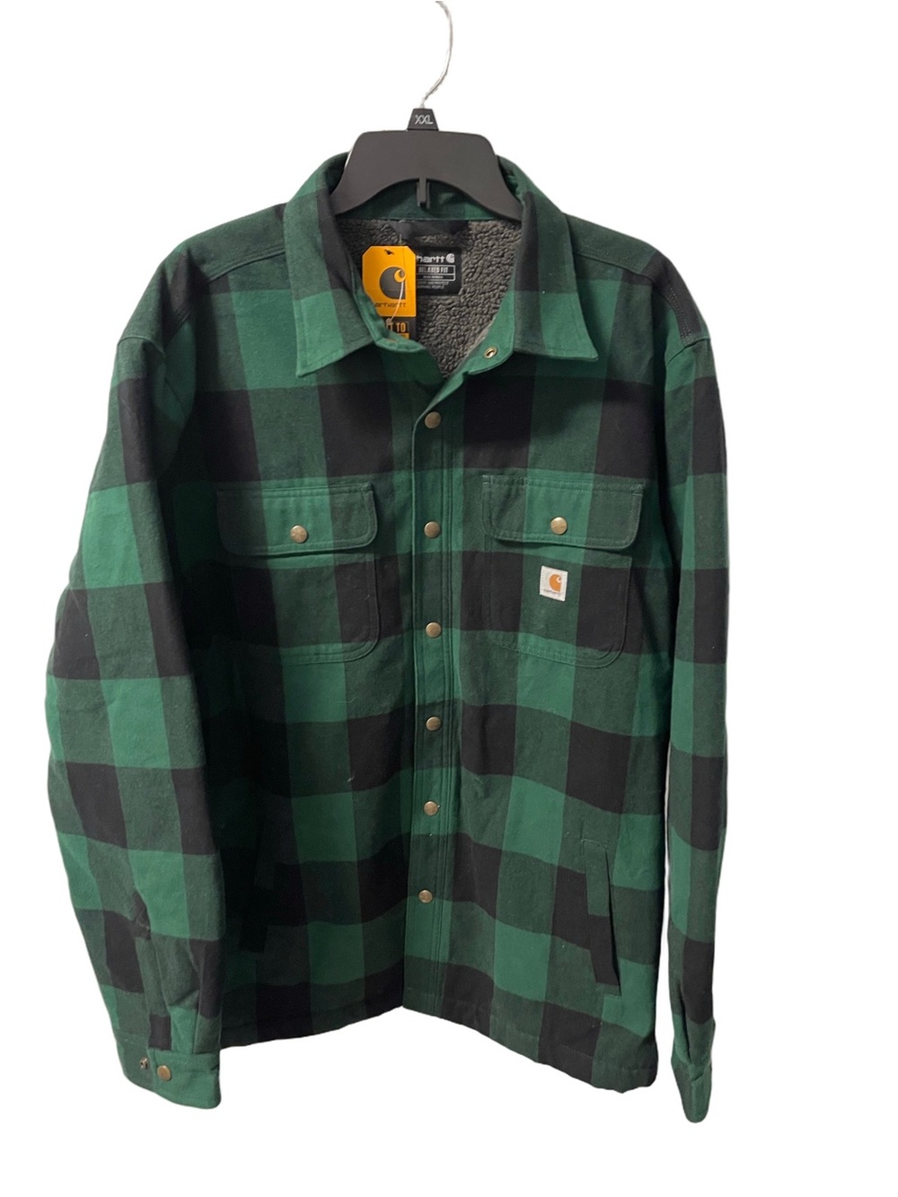 Carhartt Men Flannel Lined Sherpa Plaid Snap Shirt Jacket Black/Green Sz XL NWT